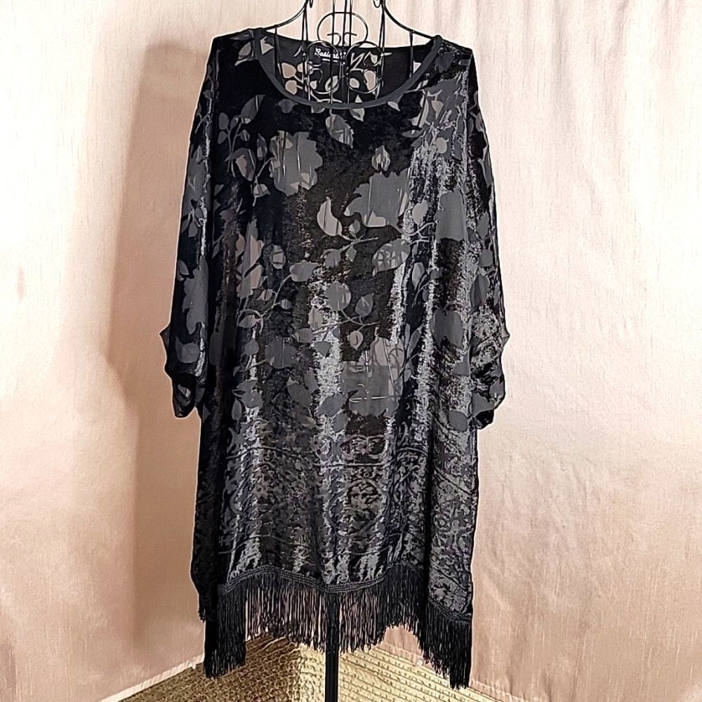 BASICALLY‎ ME Black Fringed Semi Sheer Velveteen Oversized Blouse S/M